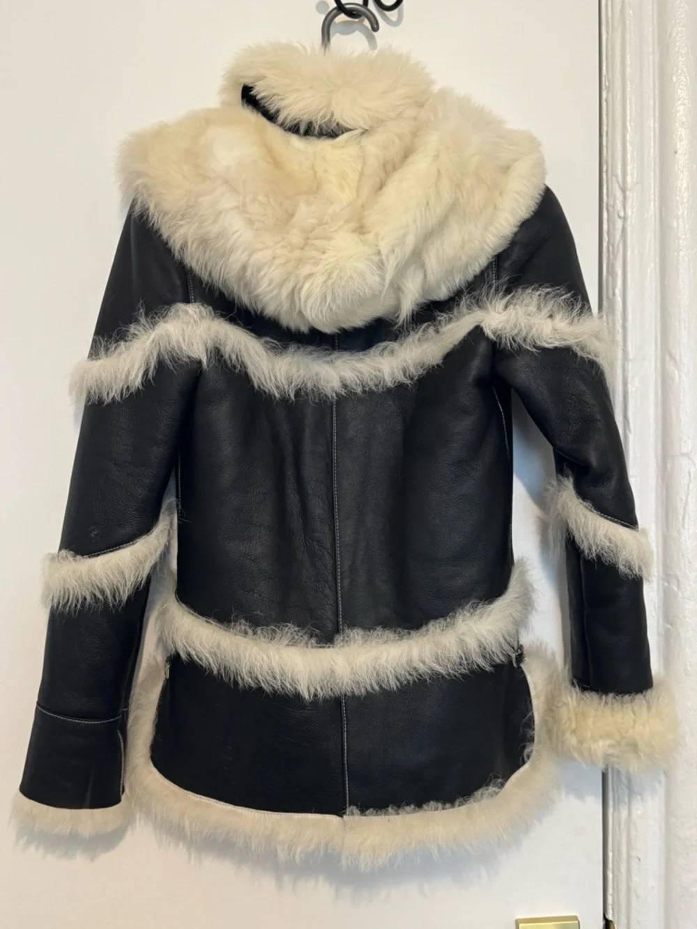 Kids Black Shearling Hooded Leather Coat Real Sheepskin